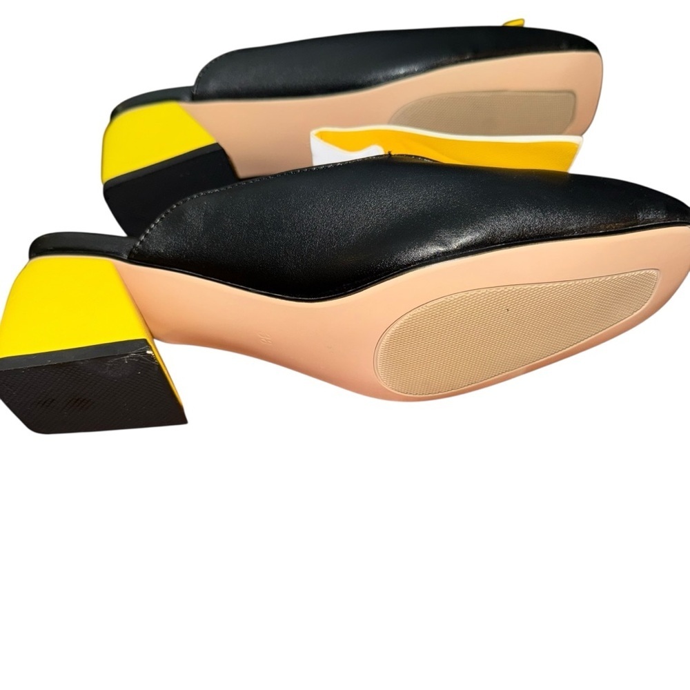 VTG Miss Look Block Heel Slide Sandals Womens 8 Yellow White Square Toe Mules - Picture 5 of 5